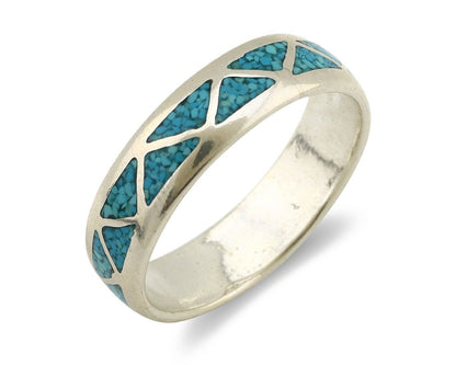 Navajo Chip Inlay Ring 925 Silver Sleeping Beauty Turquoise Artist Silver Cloud