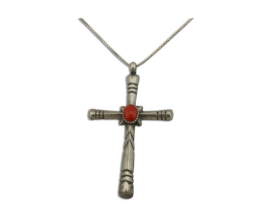 Navajo Cross Pendant 925 Silver Natural Coral Artist Signed De Chelly C.80's