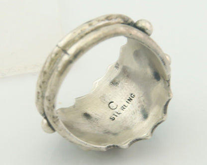 Men Navajo Ring 925 Sterling Natural Coral & Turquoise Signed C C.80's Size 8.0