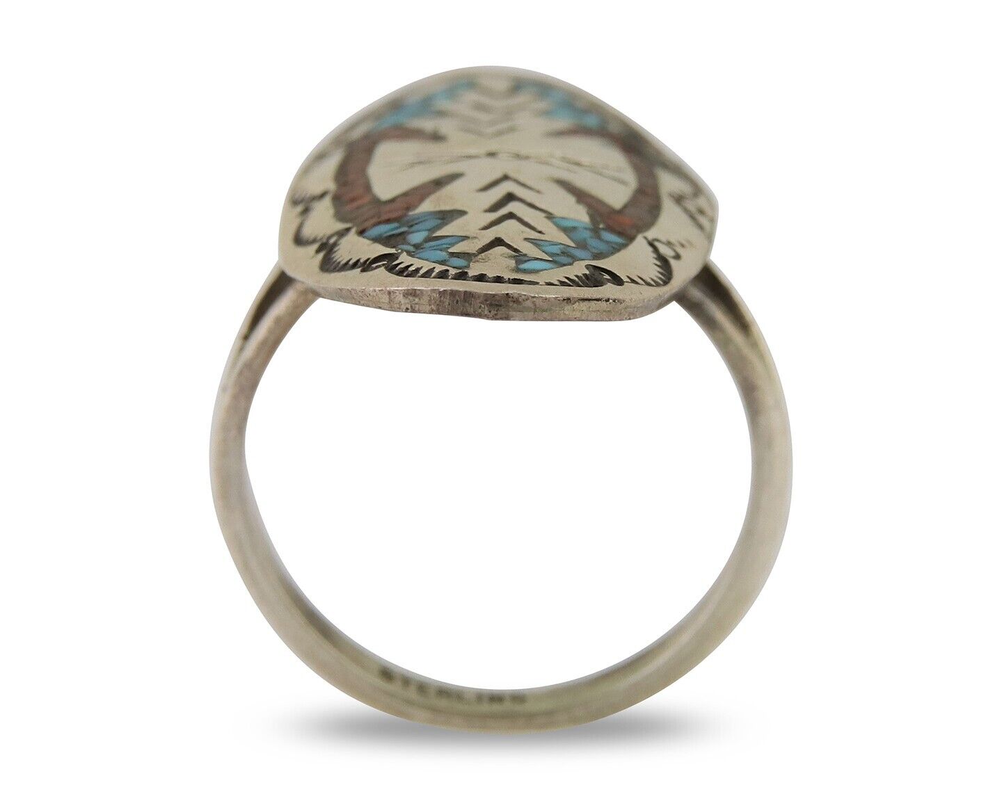 Navajo Ring 925 Silver Chip Inlay Turquoise & Coral Native Artist C.80's