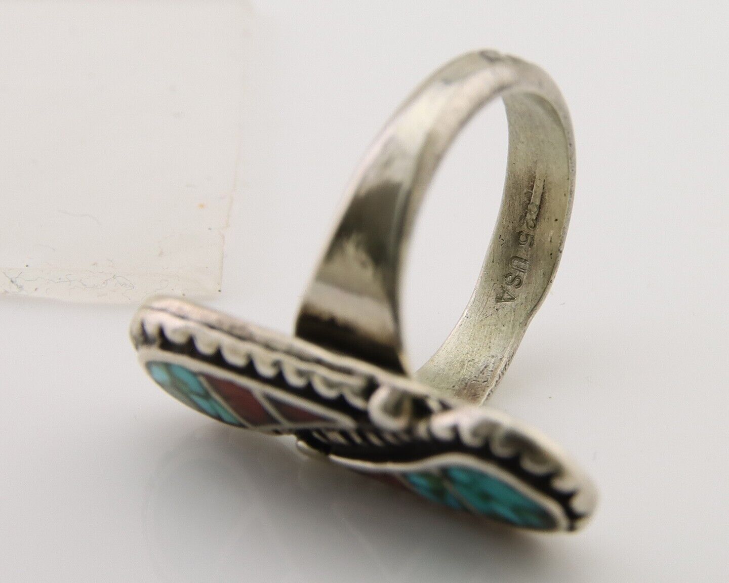 Navajo Ring 925 Silver Chip Inlay Turquoise & Coral Native Artist C.80's