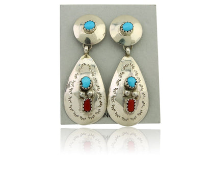 Navajo Earrings 925 Silver Turquoise & Coral Artist Signed Leeann Lee C.80's