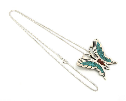 Navajo Butterfly Necklace Sterling Silver Turquoise & Coral Signed RP