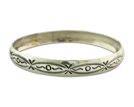 Vintage Navajo Bangle Bracelet Sterling Silver Hand Stamped Signed J