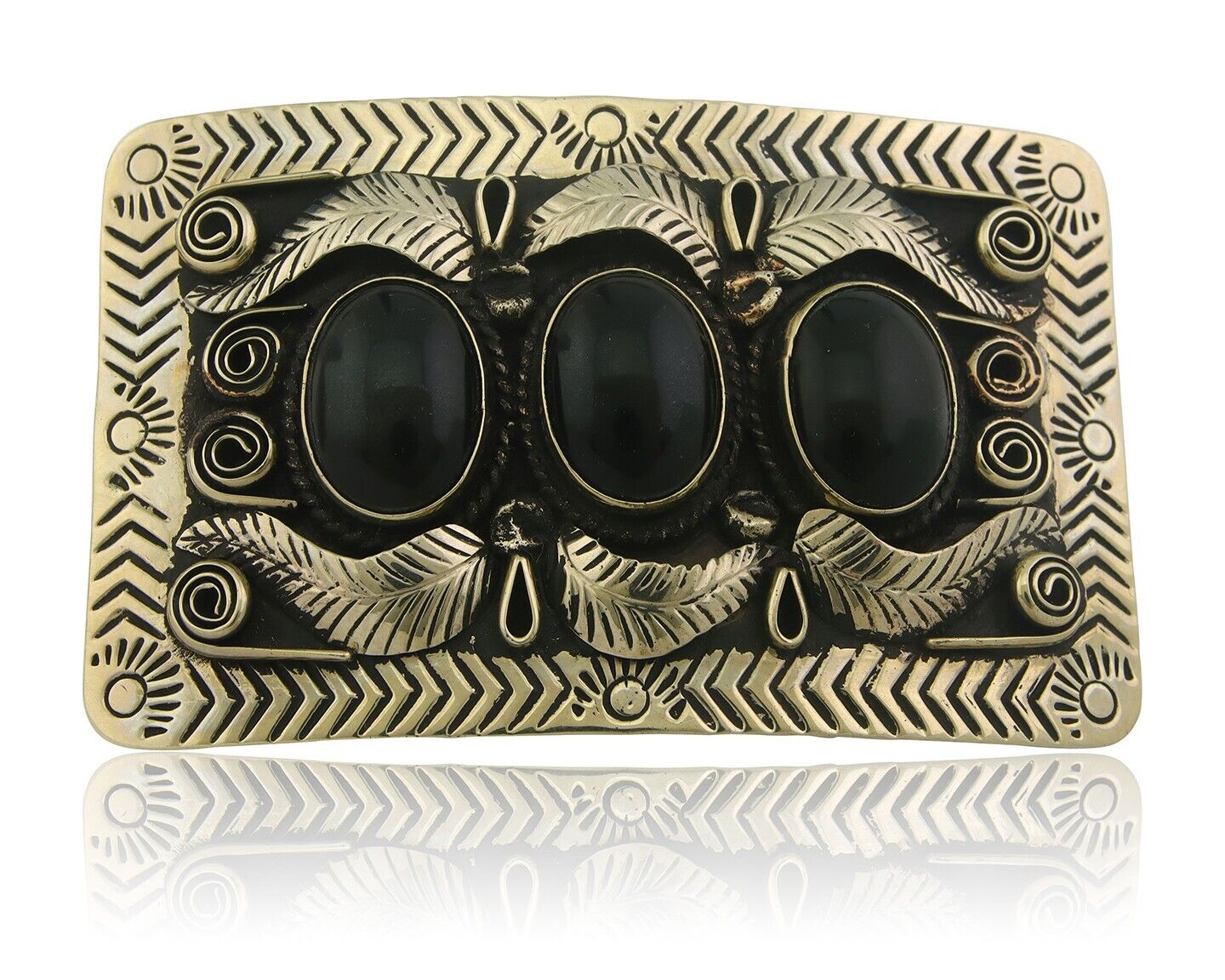 Navajo Concho Belt Buckle .999 Nickel Onyx Native American Artist 2x3 in C.80's
