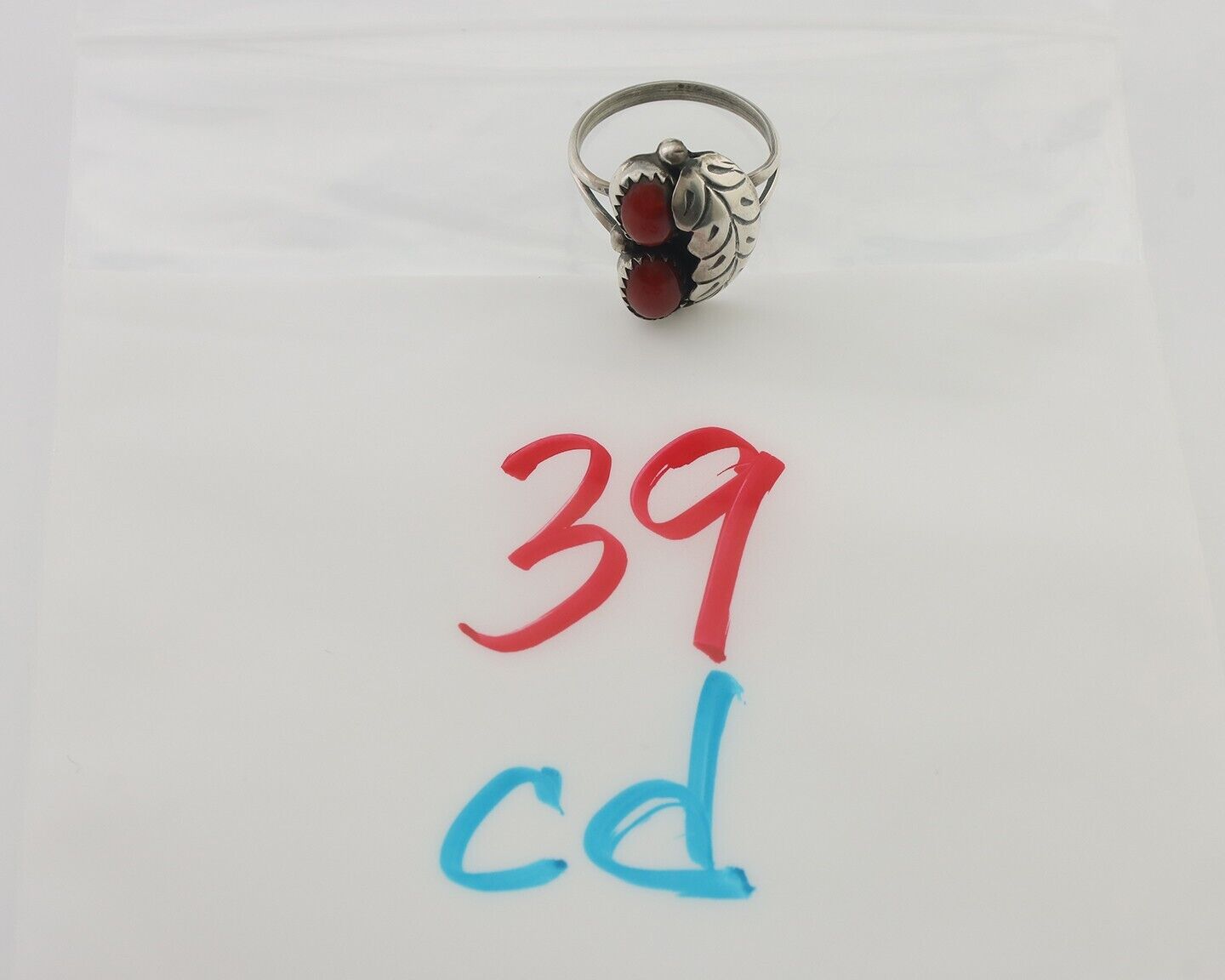 Navajo Handmade Ring 925 Silver Natural Mediterranean Coral Signed 88 C.80's