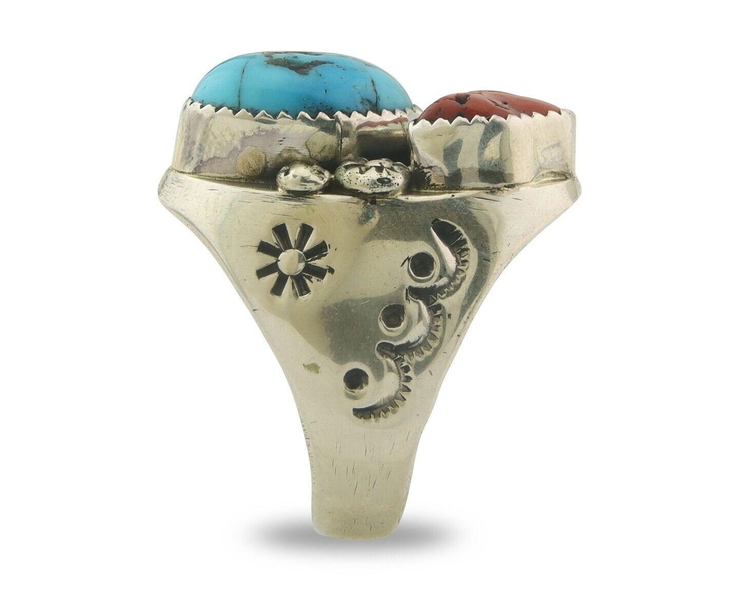 Men Heavy Navajo Ring 925 Sterling Natural Coral & Turquoise C.80's Size 11