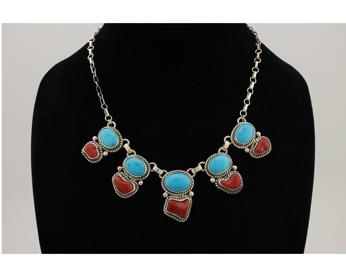 Navajo Necklace 925 Silver Natural Blue Turquoise & Coral Native American C80s