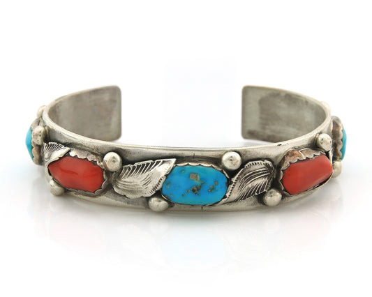 Zuni Cuff Bracelet Sterling Silver Natural Coral & Turquoise Signed Simplicio