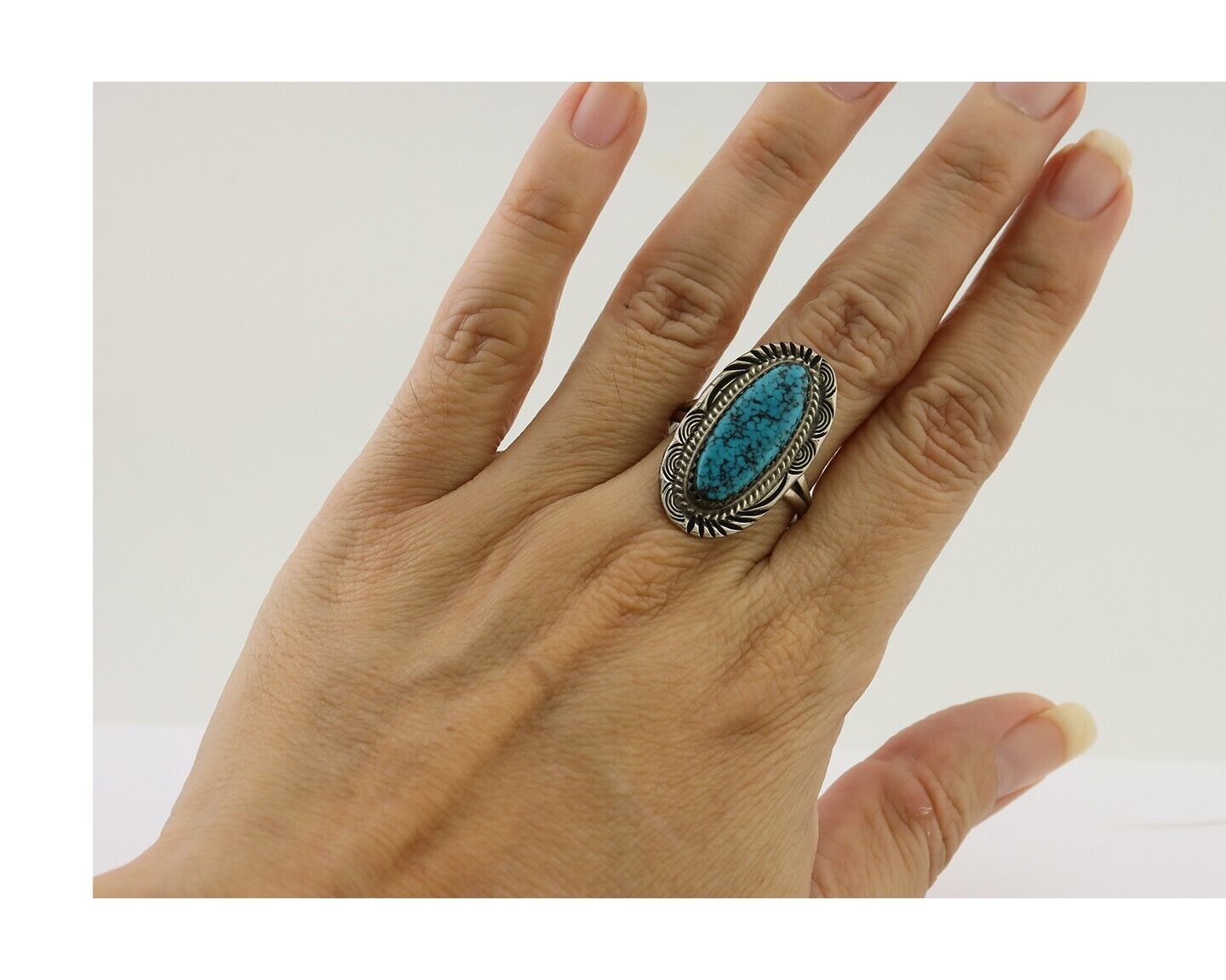 Navajo Ring 925 Silver Natural Spiderweb Turquoise Native American Artist C.80's