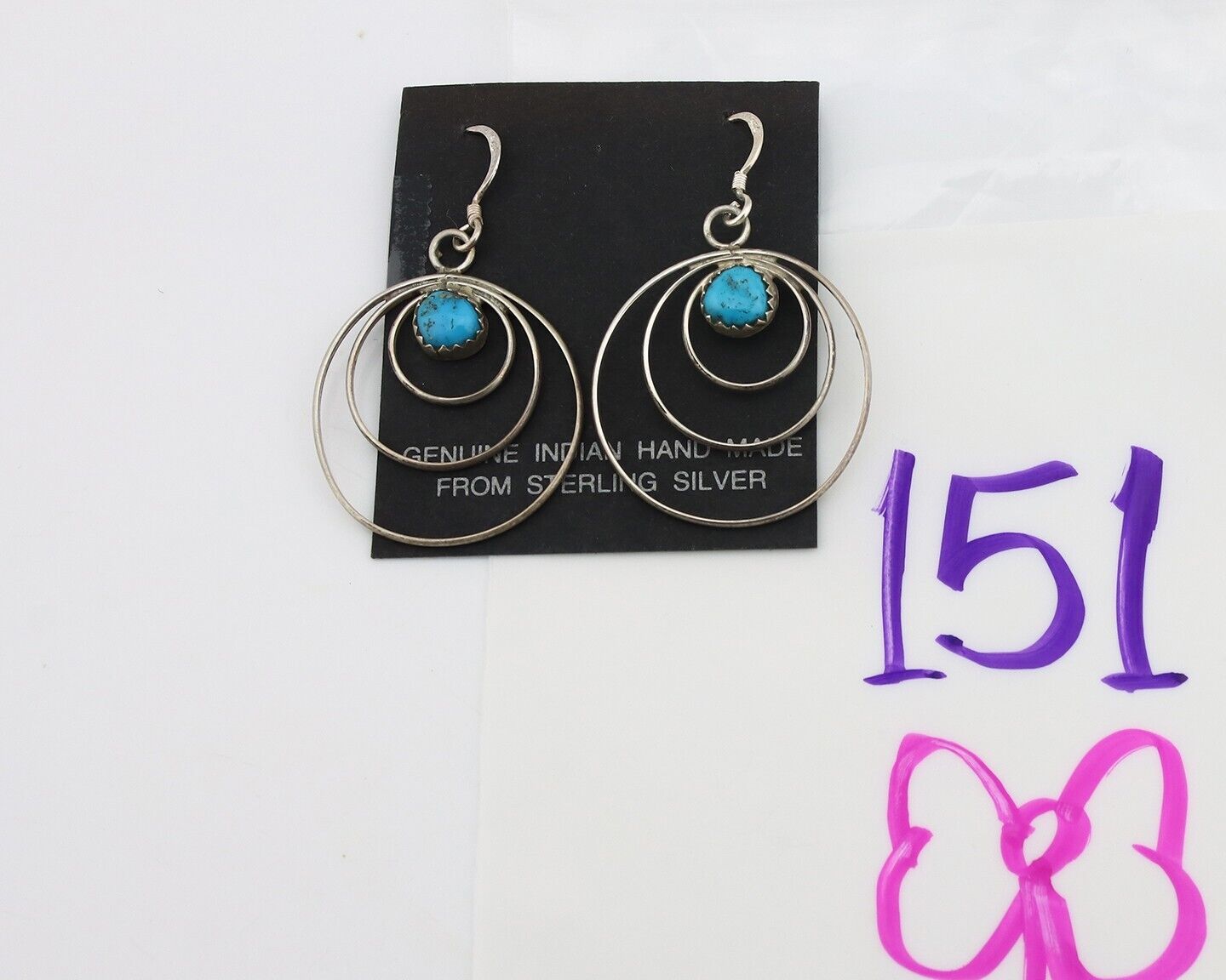 Navajo Dangle Handmade Earrings 925 Silver Blue Turquoise Native Artist C.80's