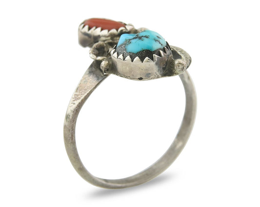 Vintage Navajo Ring 925 Sterling Silver Authentic Turquoise & Coral Size 7.0