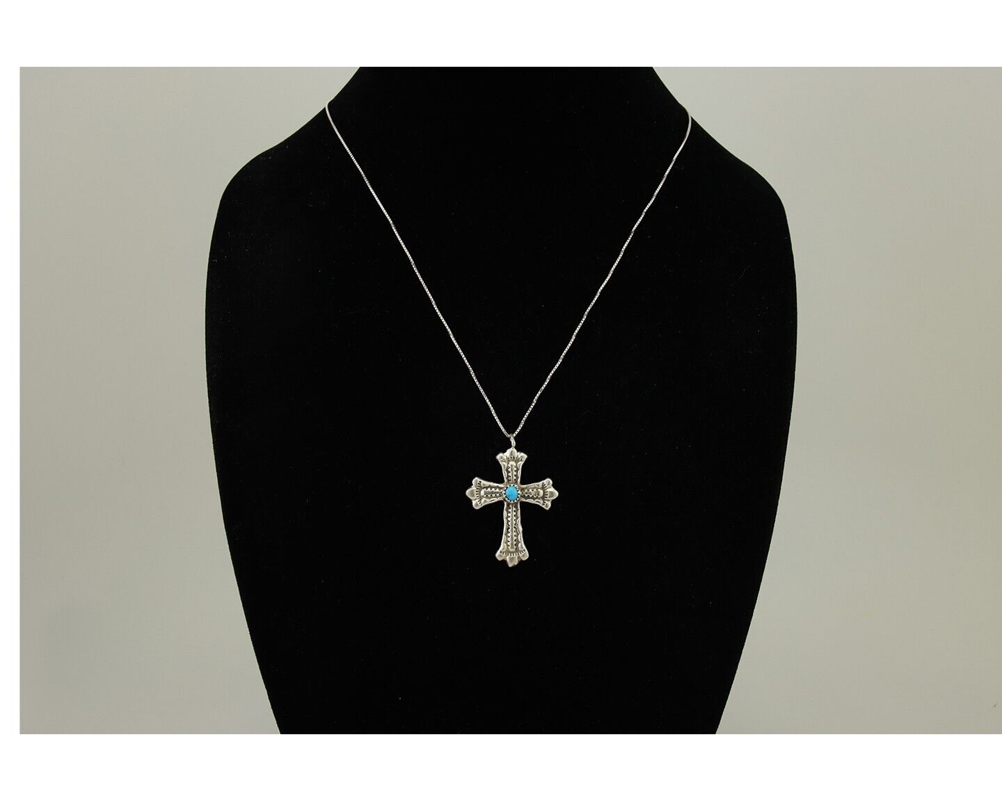 Navajo Cross Hand Stamped Necklace 925 Silver Turquoise Native Artist C.80s