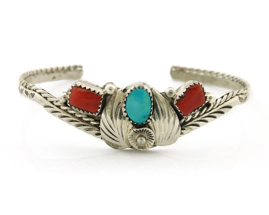 Navajo Cuff Bracelet Sterling Silver Turquoise & Coral Vintage Artist Handmade