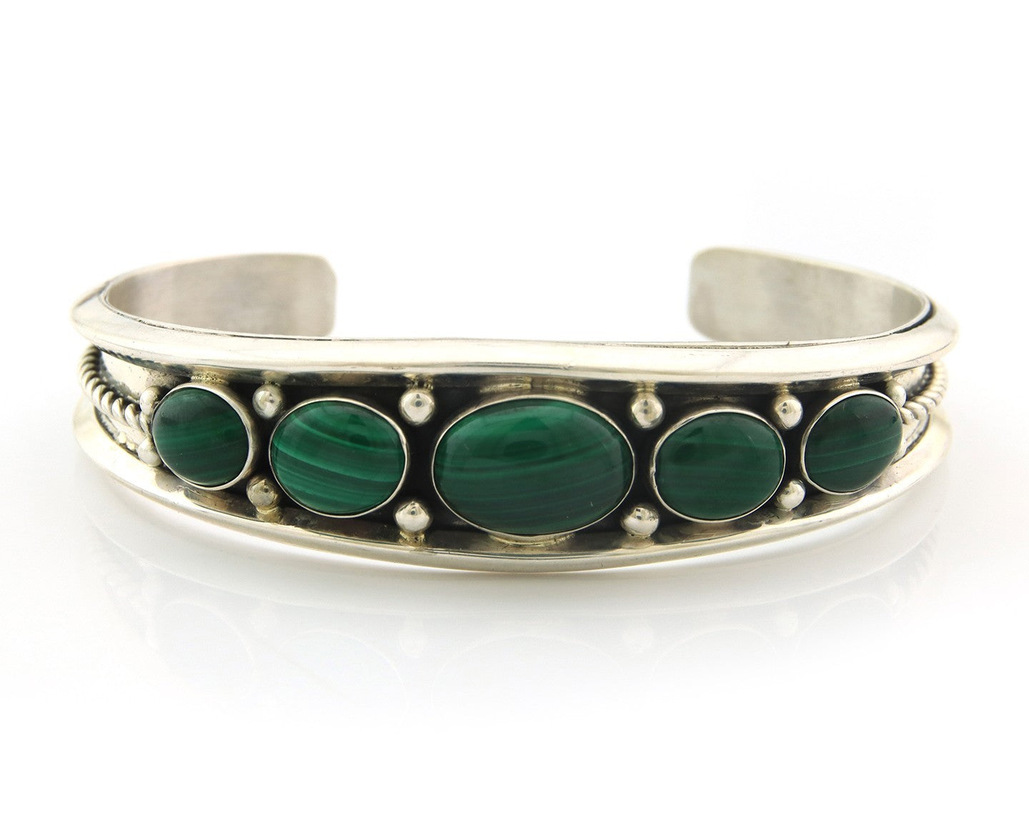 Navajo Cuff Bracelet Sterling Silver Natural Malachite Vintage Signed R Long Sr