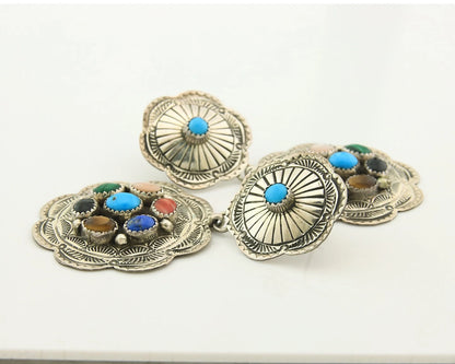 Navajo Concho Earrings Sterling Silver Natural Gemstones Vintage Handmade