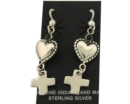 Navajo Earrings 925 Silver Heart Cross Natural Onyx Native American Artist C.80s
