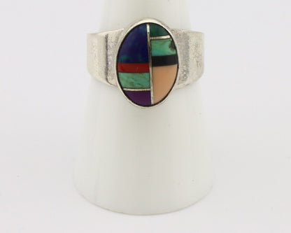 Zuni Inlaid Ring 925 Silver Mixed Natural Gemstones Native American Artist C.80s