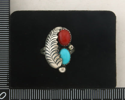 Navajo Ring 925 Sterling Natural Coral & Turquoise Signed BB C.80's Size 5.0