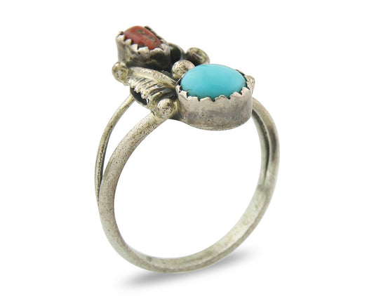 Vintage Navajo Ring 925 Sterling Silver Authentic Turquoise & Coral Size 5.75