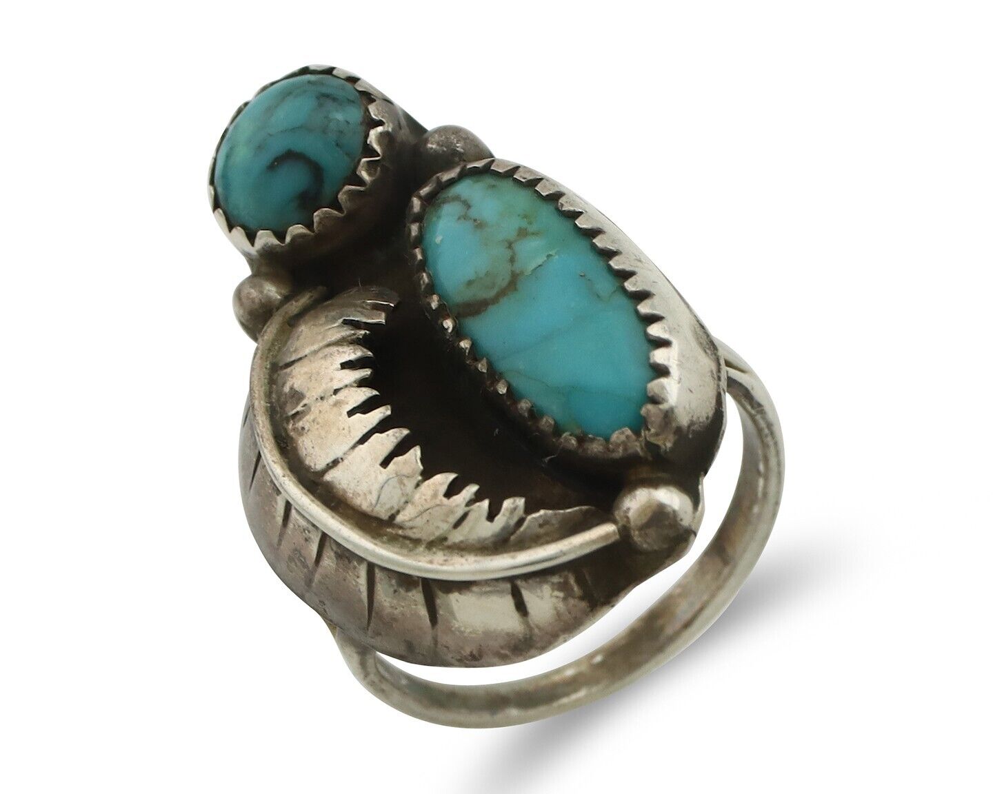 Navajo 2 Stone Ring 925 Silver Kingman Turquoise Native American Artist C.80's