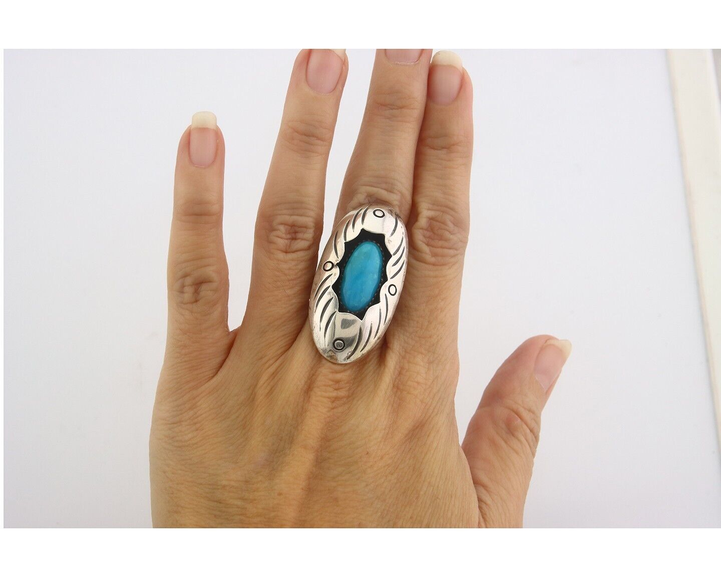 Navajo Ring 925 Sterling Turquoise Handmade Native Artist C.80's Size 5.75