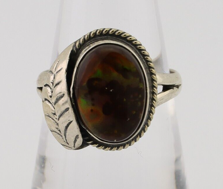 Navajo Handmade Ring 925 Silver Natural Fire Opal Native Artist Size 7.25 C.80's