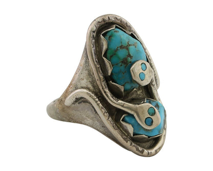 Mens Heavy Zuni Snake Ring 925 Silver Turquoise Signed EFFIE CALAVASA C.80's