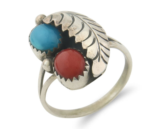 Navajo Ring 925 Sterling Natural Coral & Turquoise Signed BB C.80's Size 7.5