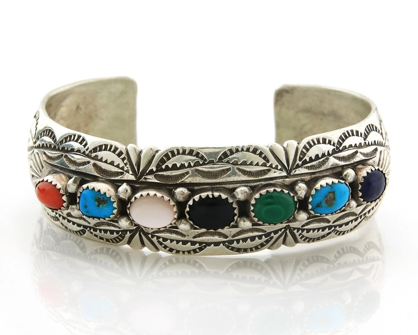Navajo Cuff Bracelet Sterling Silver Natural Gemstone Vintage Signed WB