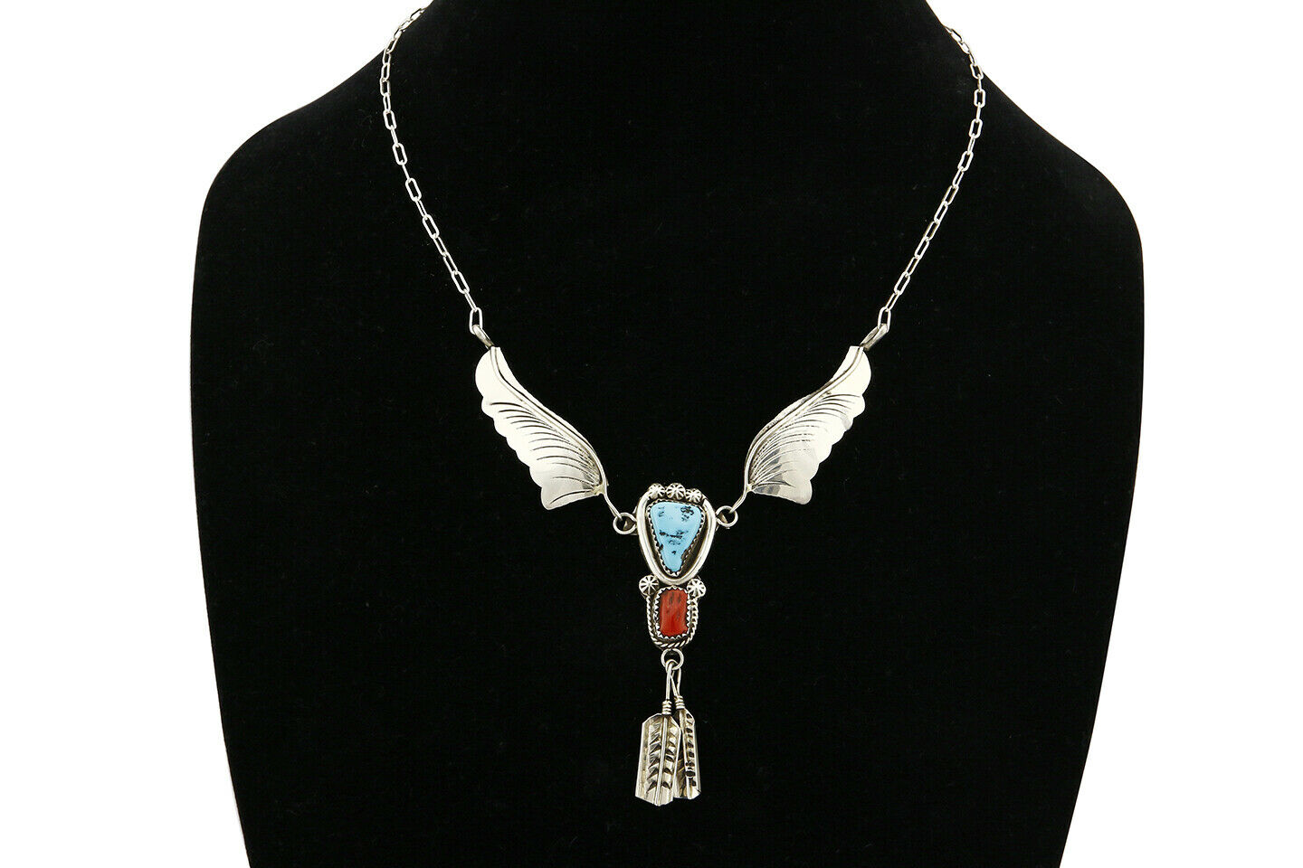 Navajo Arnold Malorey .925 Silver Turquoise & Coral Feather Necklace