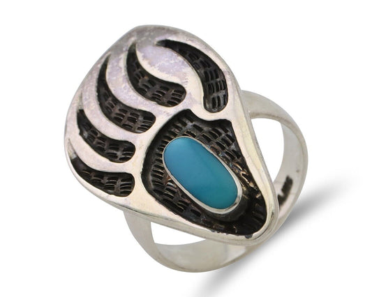 Navajo Badger Paw Ring 925 Silver Turquoise Native American Artist C.80's