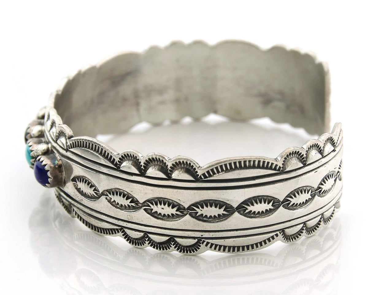 Navajo Cuff Bracelet Sterling Silver Natural Gemstone Vintage Signed W Denetdale