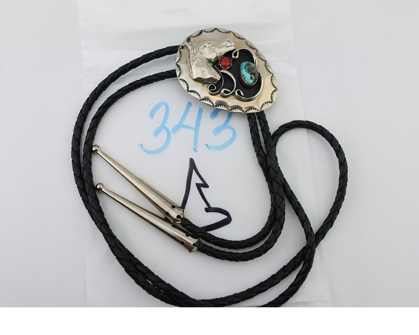 Navajo Bolo Tie Horse Head .999 Nickel Coral & Turquoise C.80's