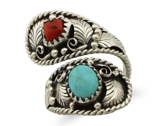 Navajo Adjustable Ring 925 Silver Turquiose & Coral Signed Broken Arrow C.80's