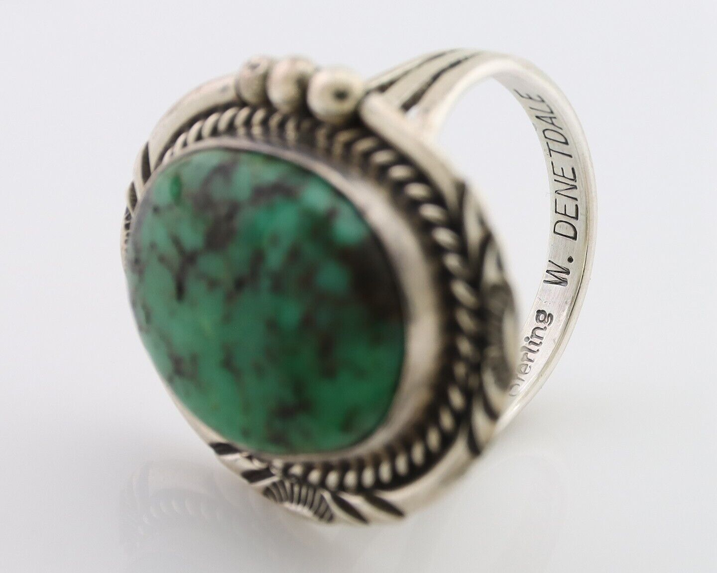 Navajo Ring 925 Silver Green Turquoise Signed William Denetdale 6.75 C.80's
