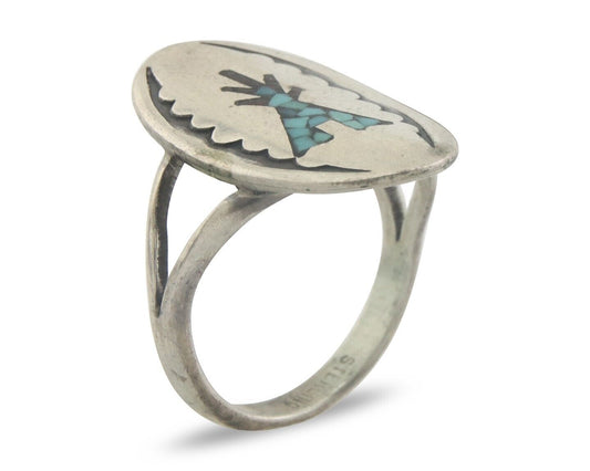 Navajo Ring 925 Sterling Natural Chip Inlay Coral & Turquoise C.80's Size 5.0