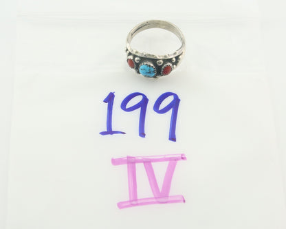 Men Navajo Ring 925 Sterling Natural Coral & Turquoise Signed SC C.80's Sz 11.75