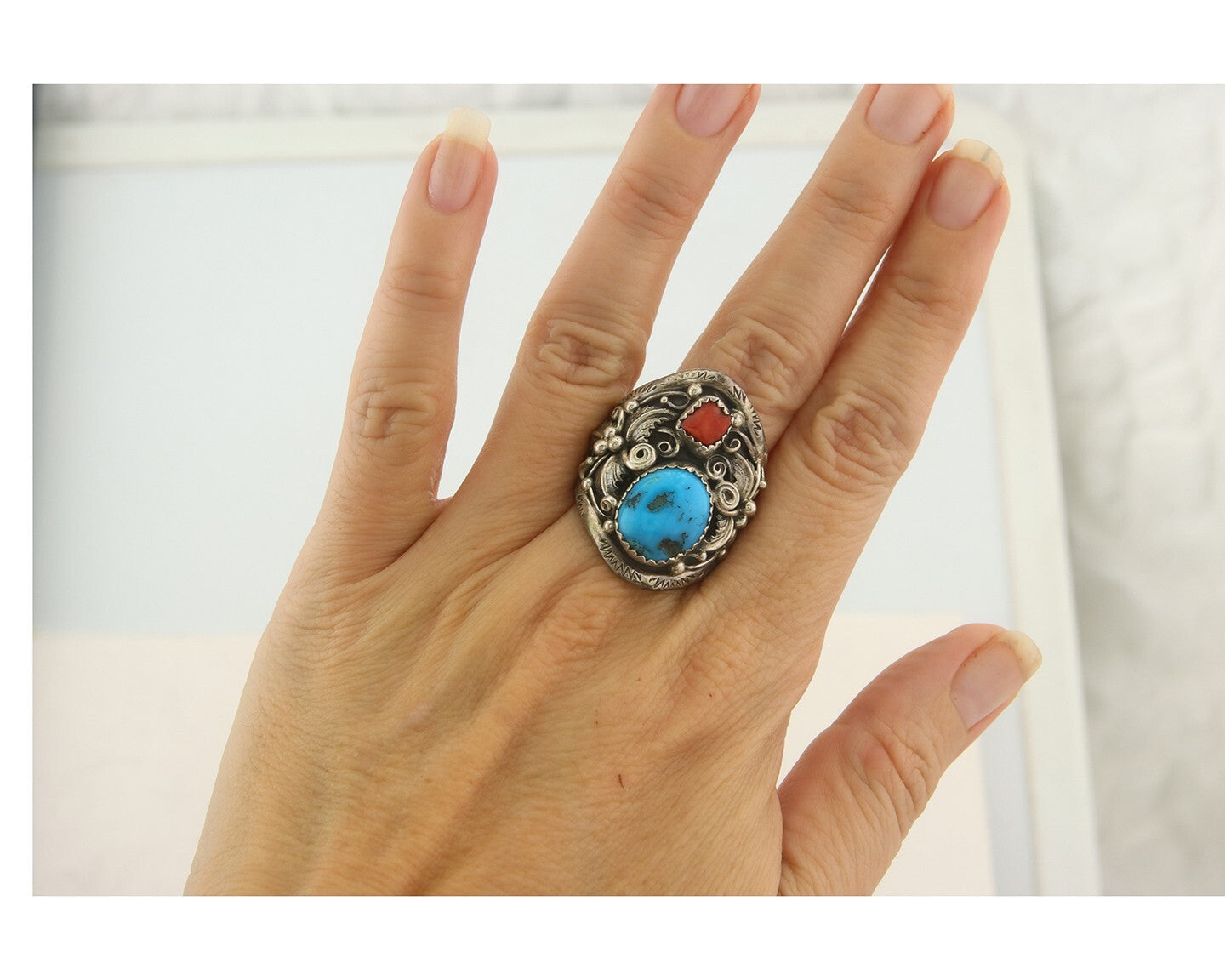 Navajo Ring 925 Sterling Natural Coral & Turquoise Native Artist C.80's Size 9.0