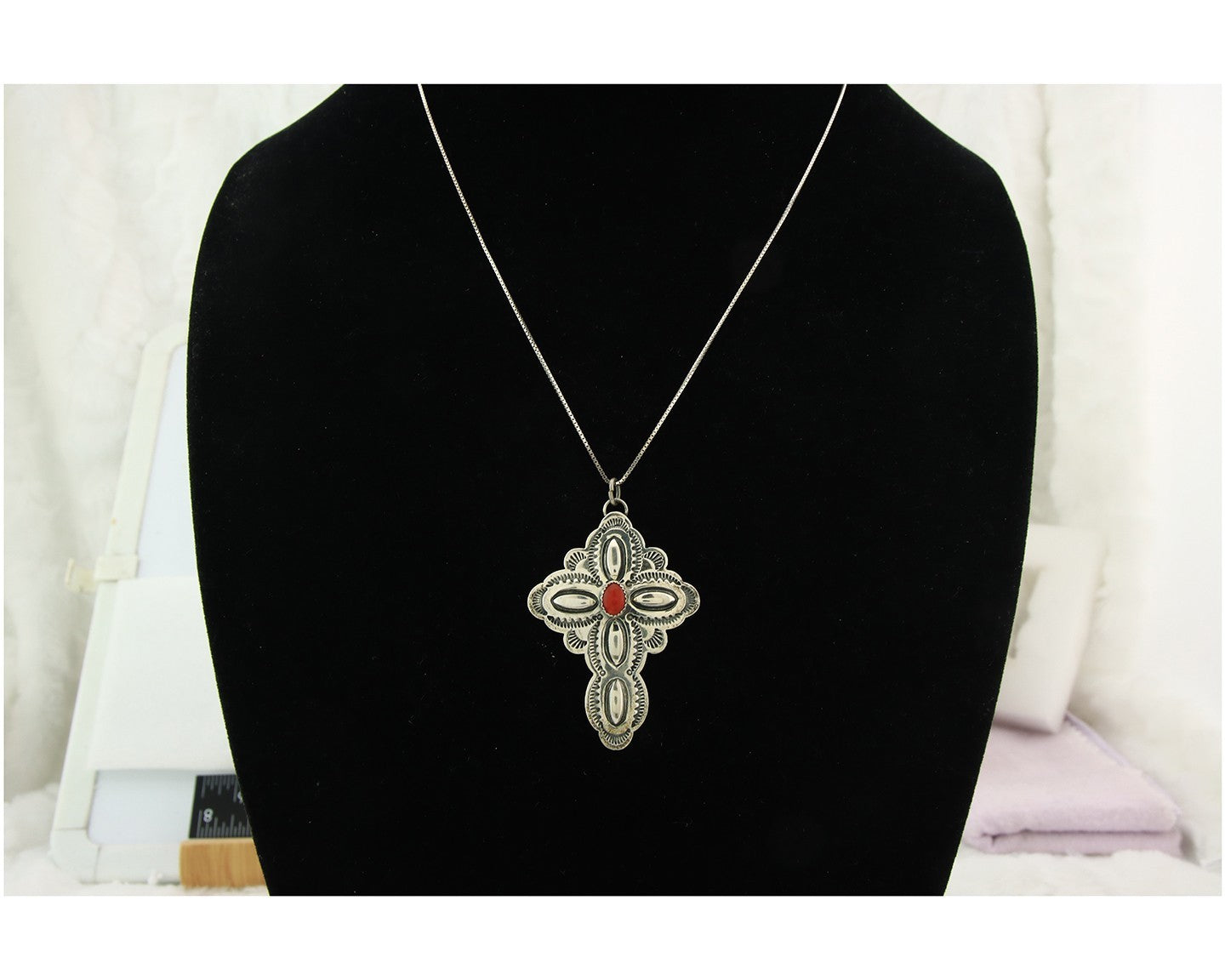 Navajo Cross Necklace Sterling Silver Snake Eye Coral Authentic Handstamped