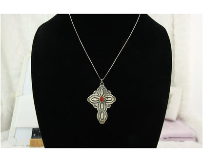 Navajo Cross Necklace Sterling Silver Snake Eye Coral Authentic Handstamped