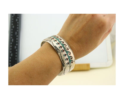 Men Navajo Bracelet 925 Silver Inlaid Coral & Turquoise Artist Signed LB C.80's