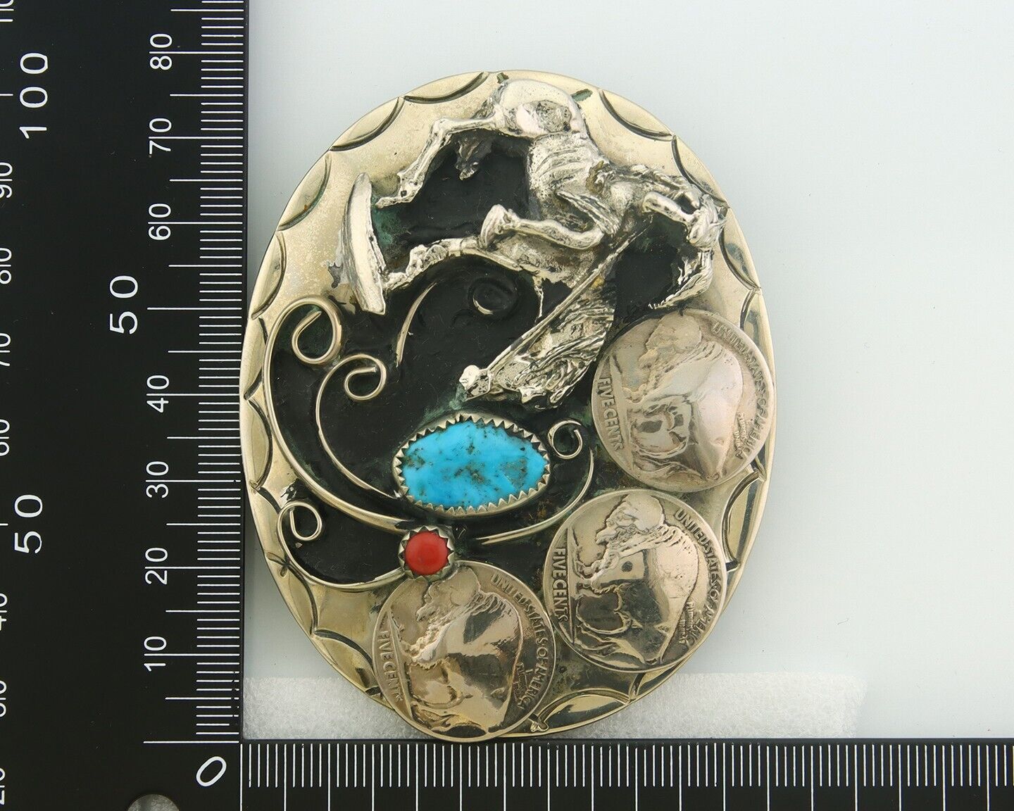 Navajo Belt Buckle .999 Nickel Buffalo Gemstone Signed W.O.W. 2.5x3.0 in C.80's