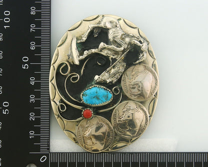 Navajo Belt Buckle .999 Nickel Buffalo Gemstone Signed W.O.W. 2.5x3.0 in C.80's