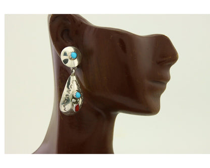 Navajo Earrings 925 Silver Turquoise & Coral Artist Signed Leeann Lee C.80's