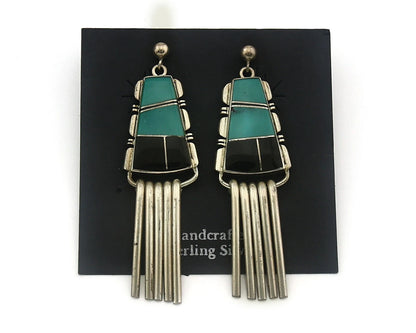 Navajo Earrings 925 Sterling Silver Natural Gemstones Signed John Charlie C.80's
