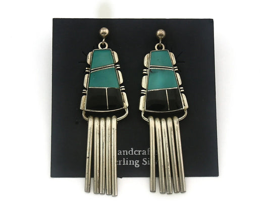 Navajo Earrings 925 Sterling Silver Natural Gemstones Signed John Charlie C.80's