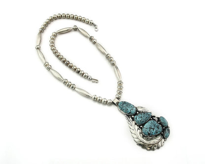 Navajo Bead Necklace Sterling Silver Fine Spiderweb Turquoise Signed Tom Willeto