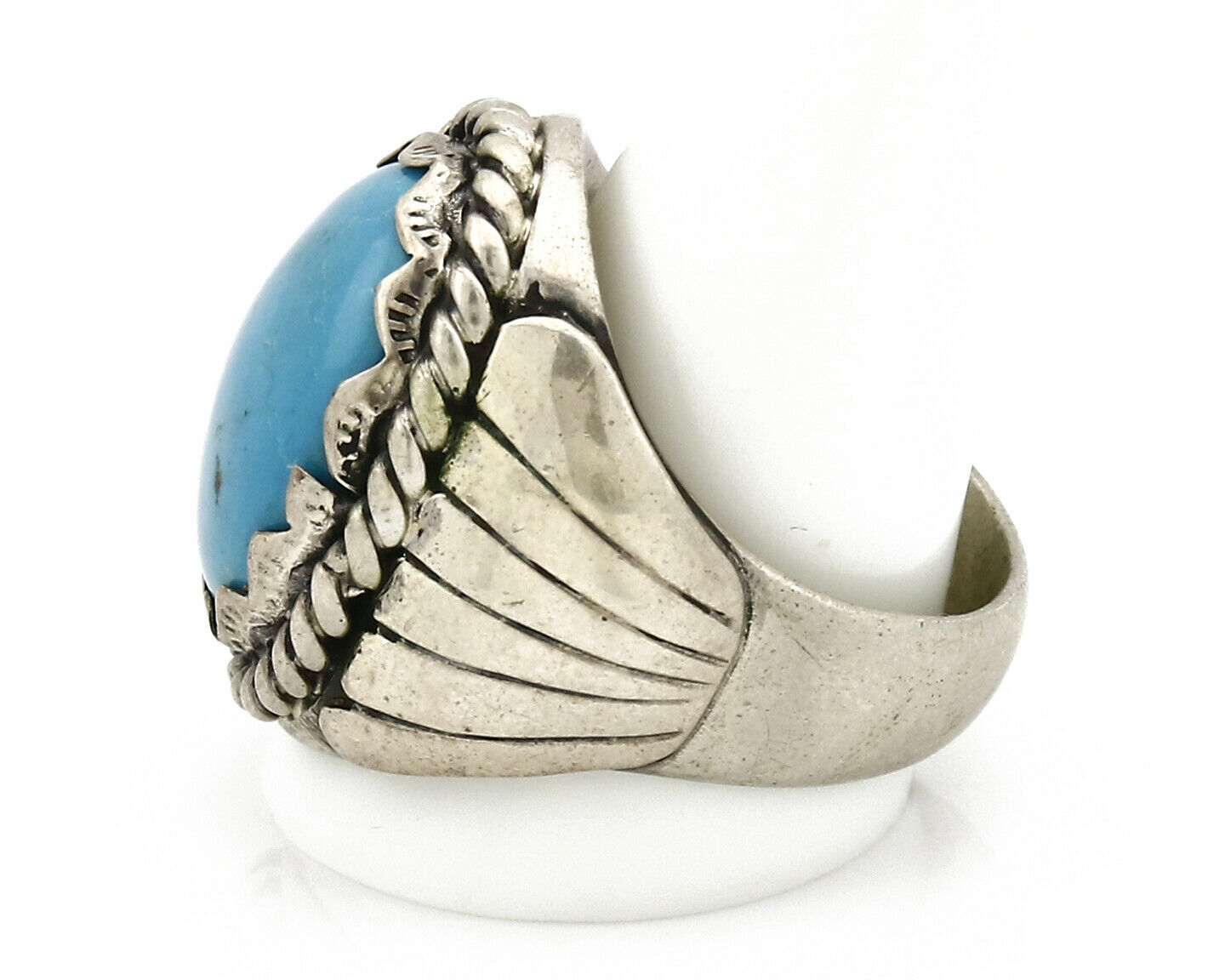 Navajo Ring .925 SOLID Silver Kingman Turquoise Signed Artist TeePee C.80's