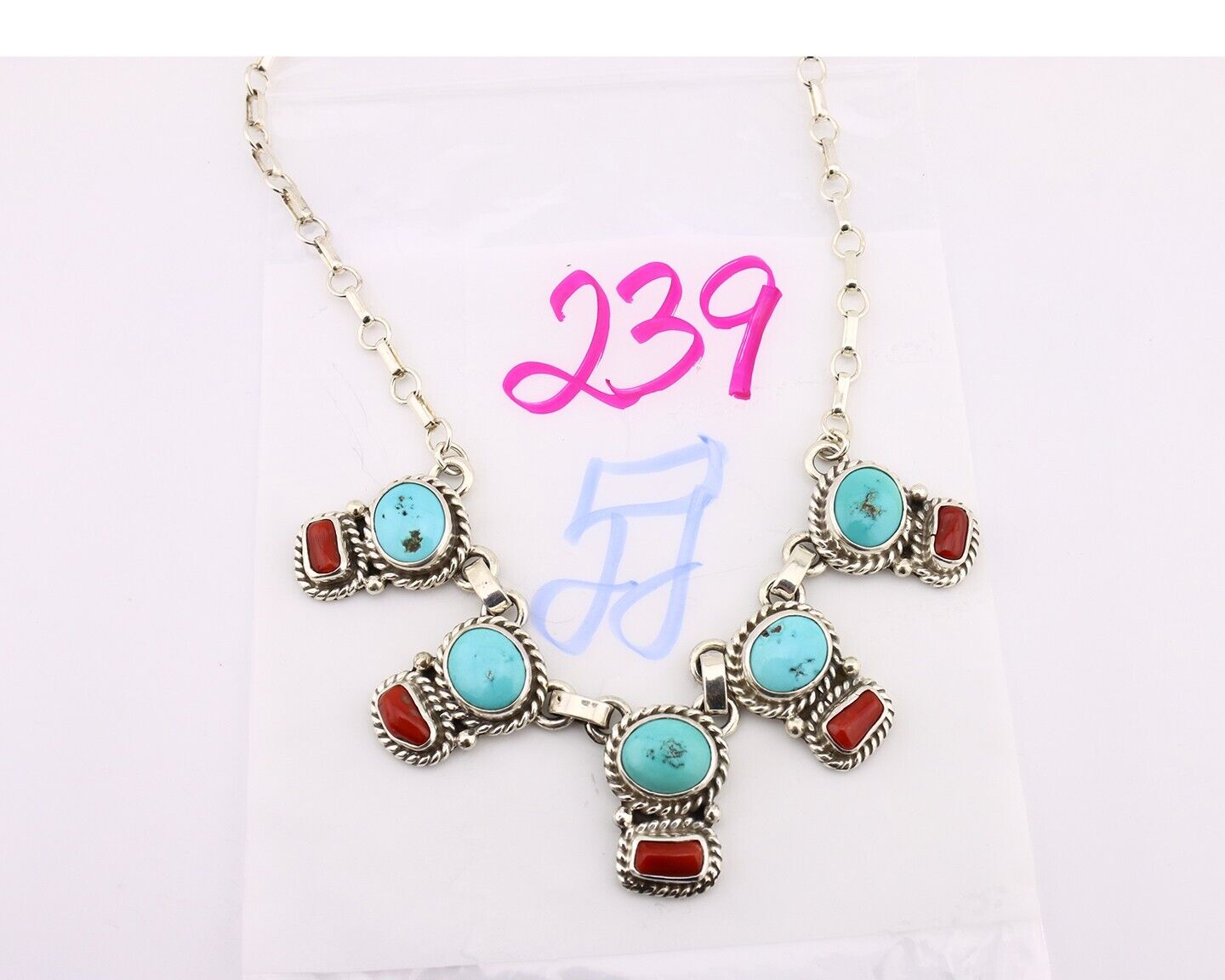 Navajo Necklace 925 Silver Natural Blue Turquoise & Coral Native American C80s